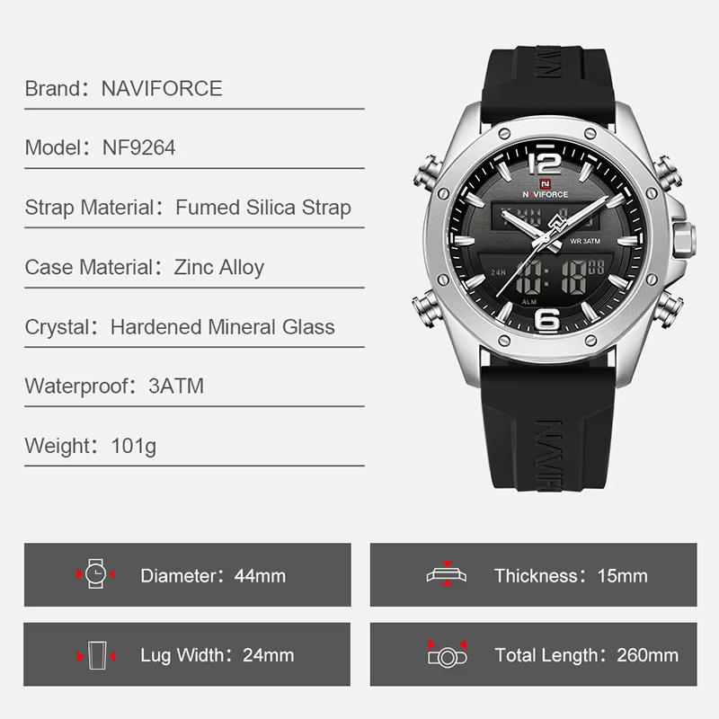 NAVIFORCE Men Quartz LCD Dual  - огляд і ціна Watch Display Pillow